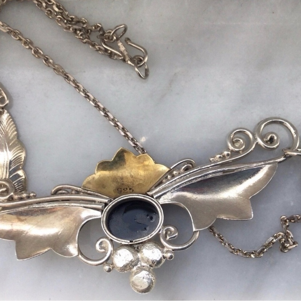 2 pc Vintage Silver Necklace and Earrings w/semi precious stones marked (925) - Picture 7 of 12